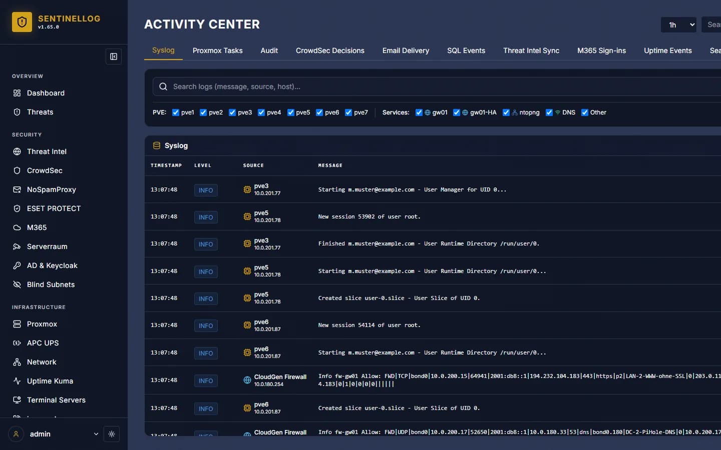 Live-Log-Ansicht des Activity Centers